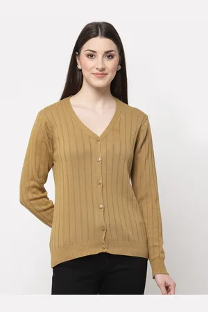 Club York Women Beige Ribbed Acrylic Cardigan