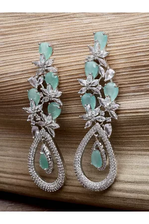 karatcart Women Silver-Toned & Lime Green Contemporary Drop Earrings
