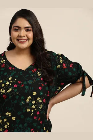 Sztori Women Plus Size Black & Yellow Floral Print Puff Sleeves Top