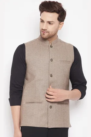 Even Men Beige Woven-Design Woolen Nehru Jacket