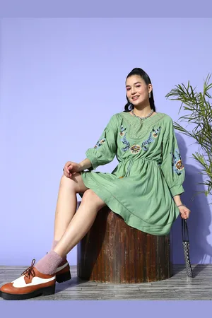 Ishin Floral Embroidered Keyhole Neck A-Line Dress