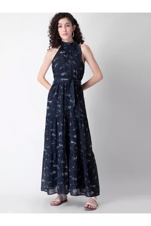 FabAlley Women Blue & White Floral Belted Halter Neck Georgette Maxi Dress