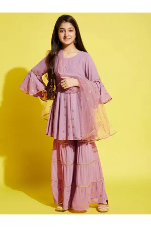 Cherry & Jerry Girls Pink Ethnic Motifs Embroidered Empire Kurta with Sharara & Dupatta