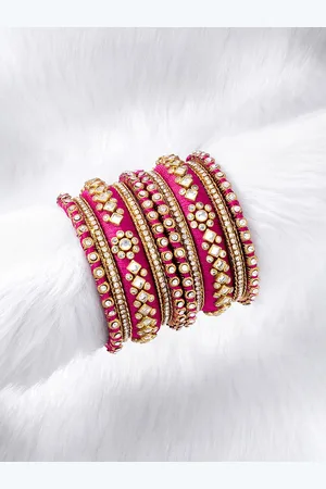 Peora Set Of 10 Pink Gold-Plated Stone Studded Silk Thread Bangles