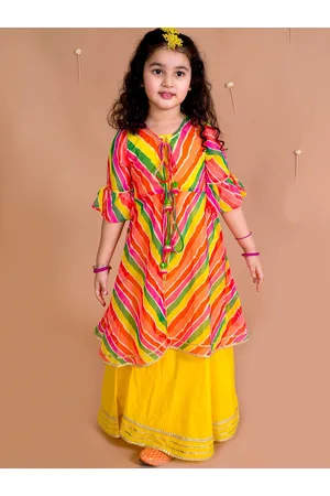 pspeaches Girls Yellow & Orange Geometric Printed Bell Sleeves Kurta