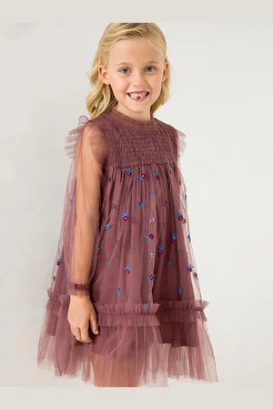 Cherry Crumble Girls Mauve Floral Embroidered Smocked Tiered A-Line Dress