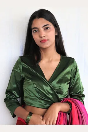Chidiyaa Women Green Wrap Crop Top-Type Silk Saree Blouse