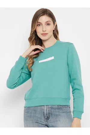 MADAME Women Green Solid Cotton Sweatshirt