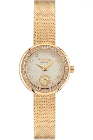 Versus Women Champagne Embellished Dial & Gold Toned Stainless Steel Bracelet Style Watch