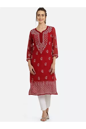 FAWOMENT Ethnic Motifs Printed Flared Sleeves Chikankari Handloom Georgette Kurta