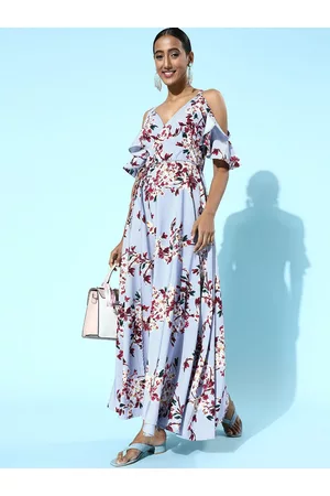 Berrylush Women Blue Floral Crepe Wrap Dress