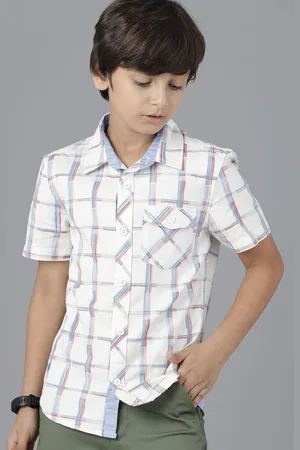 UNDER FOURTEEN ONLY Boys Off White Windowpane Checks Checked Casual Shirt