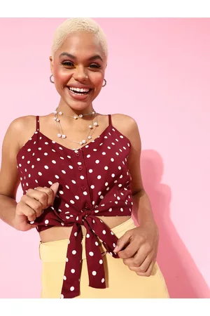 Berrylush Women Gorgeous Red Polka Dots Clinched Waist Top