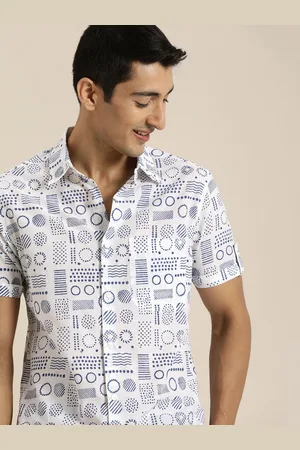 Taavi Men White & Navy Blue Indigo Hand Block Printed Sustainable Shirt with Short Sleeves