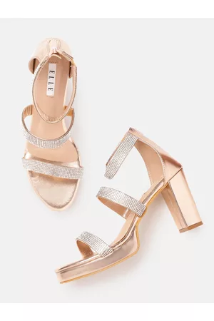 Elle Women Rose Gold & Silver-Toned Embellished Party Block Heel Sandals