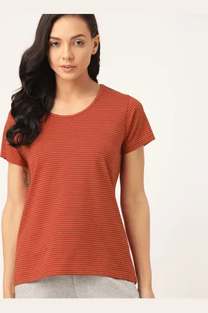 ETC Women Rust Orange & Navy Blue Pure Cotton Striped Lounge T-Shirt