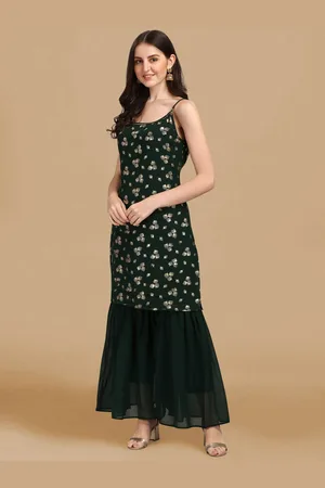 GUFRINA Women Green Floral Printed Sleeveless Kurta with Sharara