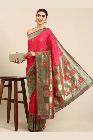 Mitera Pink & Green Woven Design Pure Banarasi Silk Saree