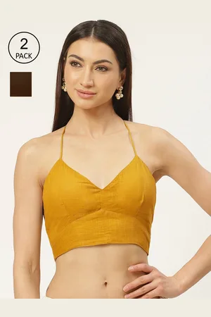 Molcha Women Pack Of 2 Brown & Yellow Solid Backless Pure Cotton Saree Blouse