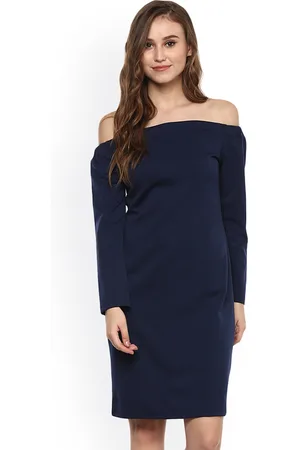 Harpa Women Navy Blue Solid Bardot Sheath Dress
