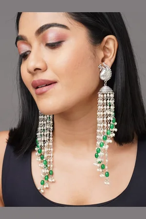 Binnis Wardrobe White & Green Silver-Plated Peacock Shaped Drop Earrings