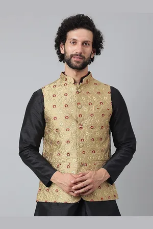 Hangup Men Khaki-Colored Embroidered Nehru Jackets