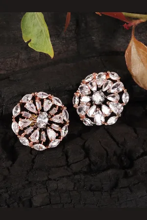 JEWELS GEHNA White & Silver-Plated Floral American Diamond Studded Earrings