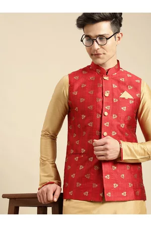 Scarlet Red and Yellow Floral Kalamkari Cotton Nehru Jacket – TJORI
