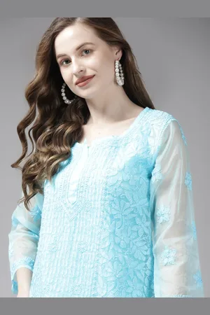 ADAM Co. Blue Ethnic Motifs Embroidered Chikankari Handloom Kurti With Matching Slip