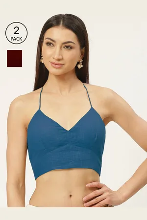 Molcha Women Pack Of 2 Maroon & Teal Blue Solid Pure Cotton Padded Saree Blouse