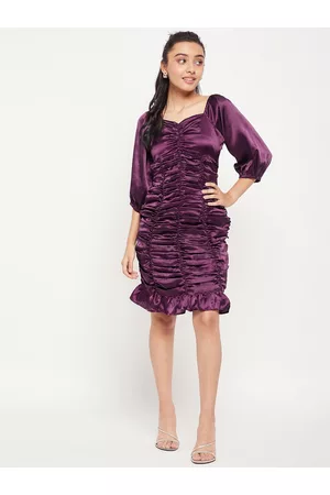 Antheaa Girls Puff Sleeves Ruched Satin Sheath Dress
