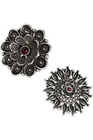 Kord Store Women Set Of 2 Oxidised Silver-Plated Finge Adjustable Ring
