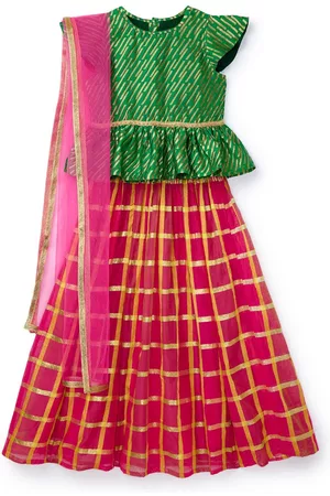 HERE&NOW Girls Green & Pink Printed Ready to Wear Lehenga & Blouse With Dupatta