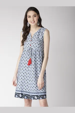 Antheaa Women Blue & White Printed A-Line Dress
