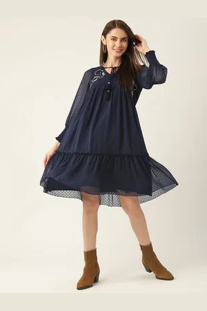 Antheaa Women Navy Blue Tie-Up Neck Tiered Dooby Weave Trapezy Dress
