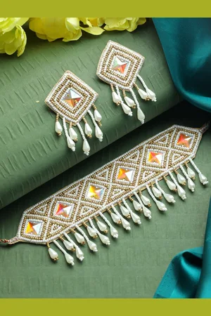 Jazz and Sizzle Gold-Plated White Pearl-Studded & Beaded Tasseled Choker Set