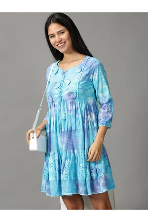 SHOWOFF Blue Ethnic Cotton A-Line Dress