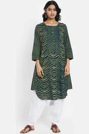 Fabindia Women Green & Navy Blue Geometric Printed Cotton Kurta