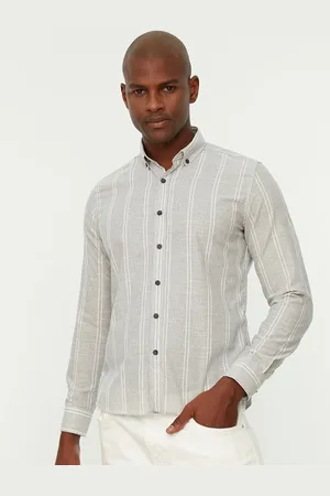 Trendyol Men Grey Striped Button Down Collar Long Sleeves Regular Fit Casual Shirt