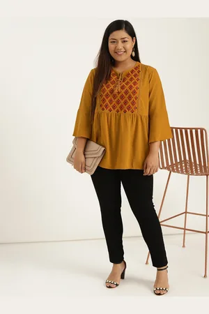 Sztori Plus Size Women Mustard Yellow Embroidered Detail Longline A-Line Top