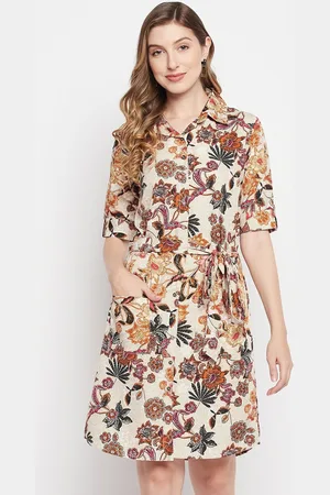 Color Cocktail White Floral Crepe A-Line Dress