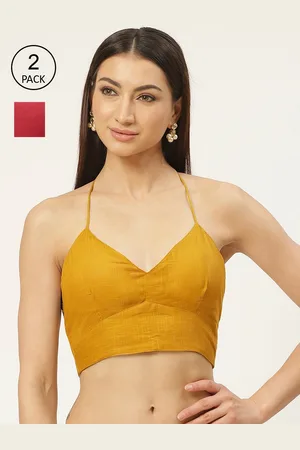 Molcha Women Pack Of 2 Red & Mustard Yellow Solid Pure Cotton Padded Saree Blouse