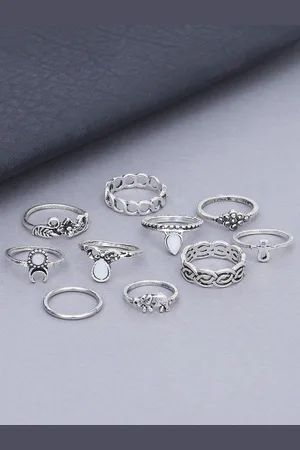 karatcart Set Of 10 Oxidised Silver-Plated White Stone-Studded Finger Rings