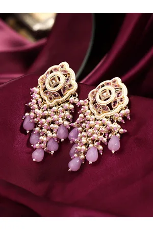 Yellow Chimes Women Pink Gold-Plated Beaded Enamelled Drop Earrings