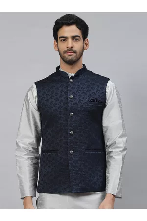 ESSAS club Men Floral Thread Work Nehru Jacket with Pocket Square