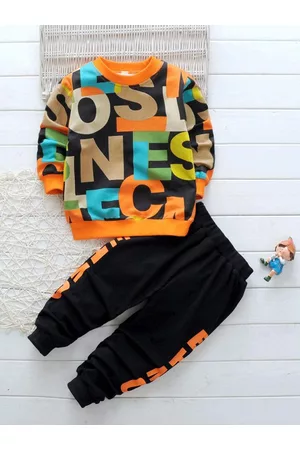Googo Gaaga Boys Black & Orange Printed Pure Cotton Clothing Set