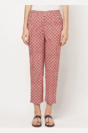 Fabindia Women Red Striped Pleated Chinos Trousers