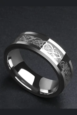 Yellow Chimes Men Silver-Toned Dragon Celtic Inlay Polish Finis Stainless Steel Finger Ring