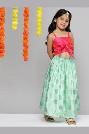 YK Girls Fuchsia & Mint Green Ready to Wear Lehenga & Choli