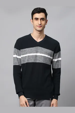 Louis Philippe Men Navy Blue & White Striped Pullover
